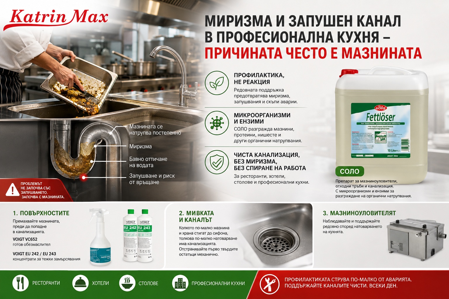 Миризма и запушен канал в професионална кухня – причината често е мазнината